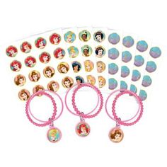 disney princess bracelets and stickers are shown in various colors, shapes and sizes