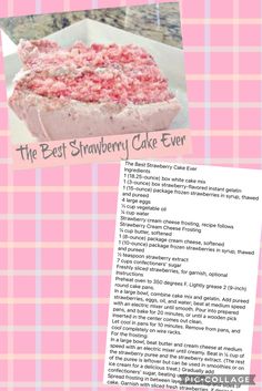 the best strawberry cake ever recipe on pink and white checkered background with text overlay