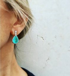 Neon Blue Paraiba Inspired Pear Shaped Earrings - Etsy Elegant Turquoise Drop Crystal Earrings, Diamond Teardrop Earrings With Gemstone Accents, Elegant Turquoise Teardrop Earrings, Elegant Turquoise Teardrop Earrings For Party, Pear Shape Earrings, Tear Drops, Paraiba Tourmaline, Jewelry Care Instructions, Color Tone