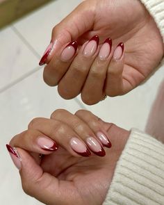 Trendy fall dark red/maroon/burgundy french almond nails #fallnails #autumn #fallnailart #fallnailcolors #fallnaildesign #fallnailtrends #naildesign #nailsofinstagram #trendy French Manicure Burgundy, Ref French Nails, Dark Cherry Red Nails French Tip Almond, Gel X Red Nails, Berry French Tip Nails, Cherry Red Nails French Tip, Vine Red Nails, That Girl Nails, Red Inspo Nails