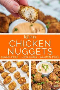 keto chicken nuggets with dipping sauce in the middle and an orange background