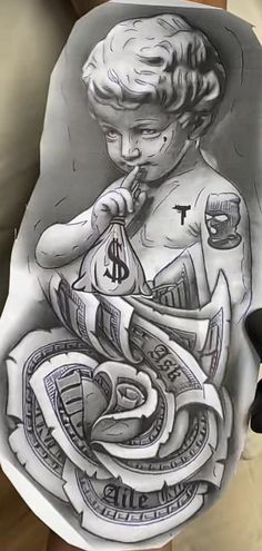 Guardian Angel Tattoo Designs, Half Sleeve Tattoos Sketches, Dollar Tattoo, Catrina Tattoo, Cherub Tattoo, Money Tattoo