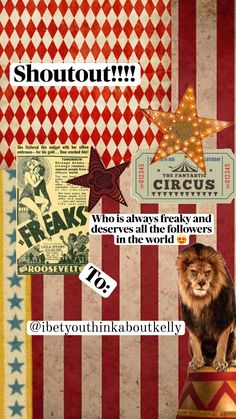 an advertisement for circus shows a lion sitting on top of a circus tent, with the caption's name above it