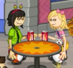 two cartoon characters sitting at a table with drinks