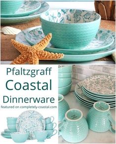 there is a collage of pictures with blue dishes and starfish