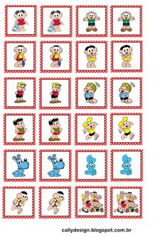 the cartoon characters are shown in red and white squares