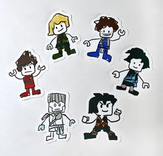 six stickers with different cartoon characters in the middle one is black, white and blue