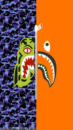 an orange and blue camouflage background with a green monster head sticking out of it's mouth