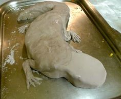 a large white gecko laying on top of a metal tray