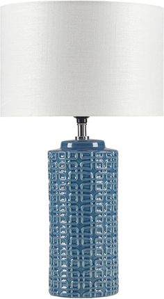 a blue table lamp with a white shade