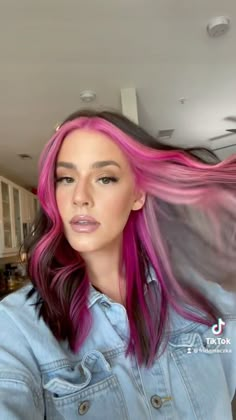 Pink Front Hair, Front Of Hair Dyed, Black Hair With Pink Front Pieces, Pink Front Pieces Hair, Pink Peek A Boo Hair, Ally Yost Hair, Pink And Black Hair Ideas, Hot Pink Peekaboo Hair