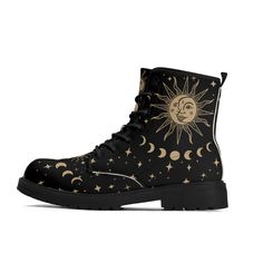 We love all things celestial! These black boots with tan sun and moon face and moon phases are so fun to wear and will be a new favorite for your witchy, psychic, star-gazing wardrobe. The background is black. The entire design is printed onto white base boots. ---------------- Mens and Womens Vegan Leather Boots  Black Sun Boots, Moon Phase Boots, Celestial Boots, Ankle Boots, Combat Boots, Mens Boots, Witchy Womens Boots These boots will help to express your personality. You may even get comments from strangers. Most local shoe stores don't carry footwear with designs as unique as this. In fact, you can't buy these anywhere else.  All of our boots are custom-made-to-order and handcrafted to the highest quality standards. !!NOTE!!  The design is printed with standard ink. No metallic ink Sun And Moon Face, Boots Moon, Boots Combat, Vegan Leather Boots, Boots Mens, Soft Textiles, Boots Ankle, Sun And Moon, Moon Phases