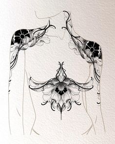 a drawing of a woman's torso with flowers on it