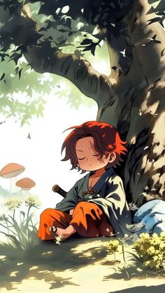 an anime character sitting under a tree in the shade