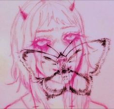 a drawing of a girl with pink eyes and cat ears on her face, looking at the camera