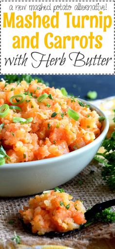 mashed carrots and carrots with herb butter in a white bowl on a table