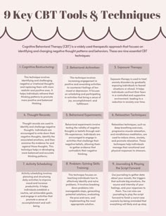 Cognitive Behavioral Therapy (CBT) is a widely used therapeutic approach that focuses on identifying and changing negative thought patterns and behaviors. This worksheet covers nine essential CBT techniques! Cbt Interventions For Adults, Changing Thought Patterns, Cognitive Behavior Therapy Techniques, Cbt Cheatsheet, Cbt Therapy Techniques Worksheets, Cognitive Behavior Therapy Worksheets, Cbt Interventions, Cbt Therapy Techniques, Cbt Model