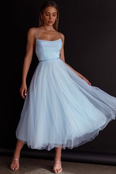 Floating By Pleated Neckline Mesh Midi Dress Blue by Selfie Leslie Light Blue Midi Dress, Princess Vibes, Selfie Leslie, Pleated Neckline, Midi Dress Blue, Mesh Midi Dress, Tulle Sleeves, Light Blue Dresses, Clear Heels