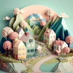 a paper cut landscape with houses, trees and mountains in pastel colors on a blue background