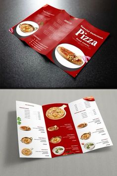 a red and white brochure that is open to show different food items on it