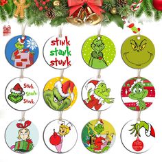 the grinch christmas ornament collection is hanging from a tree with presents on it