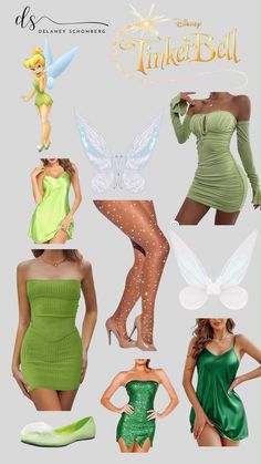 four different images of women in green dresses and fairy costumes, with the words tinker bell above them