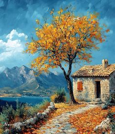 an oil painting of a house by the water with a tree in front of it