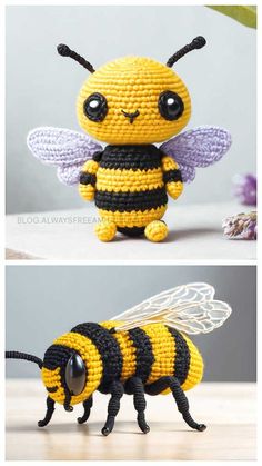 a crocheted bee sitting on top of a wooden table next to another photo