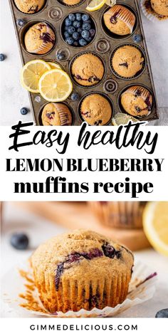 lemon blueberry muffins in a muffin tin with text overlay