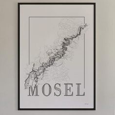 a black and white poster with the word mosel written in cursive writing