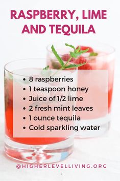 raspberry, lime and tequila cocktail recipe on a table with text overlay