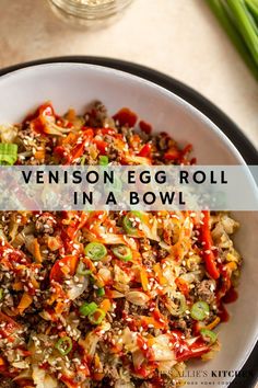 Bowl of venison egg roll in a bowl topped with sesame seeds, sriracha and green onions Egg Roll Bowl, Egg Roll In A Bowl, Deer Meat Recipes, Healthy Meat Recipes, Healthy Meats