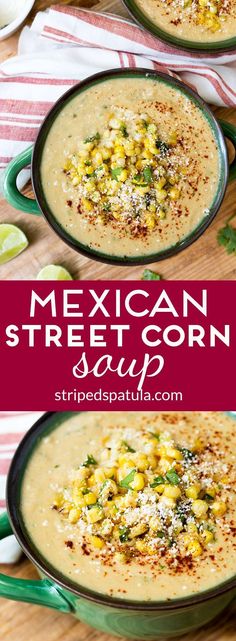 mexican street corn soup in a green bowl