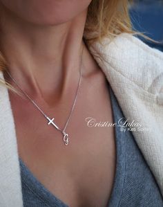 Cross Necklace With Personalized Initial Charm - Script Initial Necklace in Solid Gold, Sterling Sil Personalized Cross Necklace, Floating Diamond Necklace, Script Initial, Diamond Initial Necklace, Horseshoe Necklace, Gold Letter Necklace, Floating Necklace, Gold Cross Necklace, Gold Bar Necklace