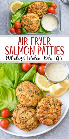 air fryer salmon patties on a plate with lettuce, tomatoes and sauce