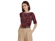 Lauren Ralph Lauren Petite Paisley Stretch Cotton Boatneck Top - Women's Clothing : Burgundy Multi : Make a beautiful gesture by donning the classic LAUREN Ralph Lauren Petite Paisley Stretch Cotton Boatneck Top with fabulous half-length sleeves. Slim fit. Pullover style. Made from stretch-infused cotton fabric with Bohemian-inspired paisley motif. Boat neckline and rolled cuffs. LAUREN Ralph Lauren's signature embroidered logo at the hem. 94% cotton, 6% elastane. Machine washable. Imported. Paisley Motif, Ralph Lauren Women, Women Shirt, Boat Neckline, Ralph Lauren Womens, Boat Neck, Lauren Ralph Lauren, Stretch Cotton, Pullover Styling