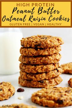 high protein peanut butter oatmeal raisin cookies stacked on top of each other