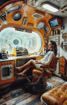 a woman sitting in a chair inside of a space station like room with lots of windows