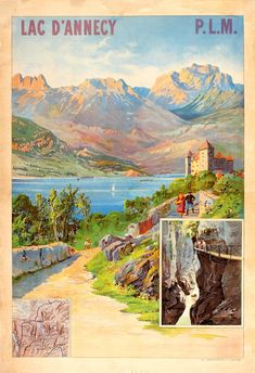 an old poster with mountains in the background and people walking up to them on a path