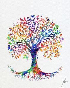 a watercolor painting of a tree with colorful leaves