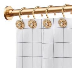 gold shower curtain rings with white checkered fabric and metal bar handles, set of 3