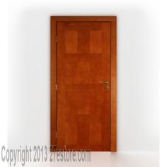 an empty room with a wooden door in the center and white walls on either side