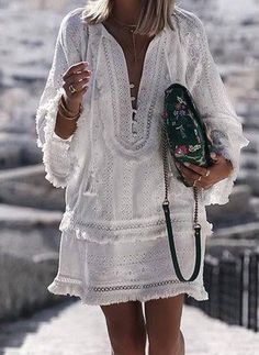 Cotton-blend Shift Long Sleeve Causal Dress Short Boho Dress, White Smock Dress, Longsleeve Mini Dress, Short Boho, Short Shift Dress, Solid Dress Casual, Causal Dresses, Loose Dresses, Vacation Dress