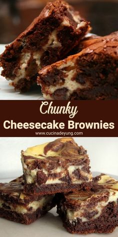 chocolate cheesecake brownies stacked on top of each other with the words chunk cheesecake brownies above them