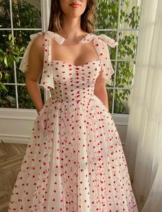 White Dress With Red Hearts, Valerie Core, Red Tulle Dress, Teuta Matoshi, Bow Straps, Draped Bodice, Lara Jean, Double Bow, Winter Formal