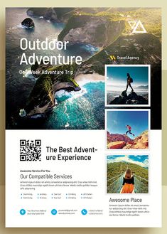 an outdoor adventure flyer with photos and text on the front, along with images of people hiking