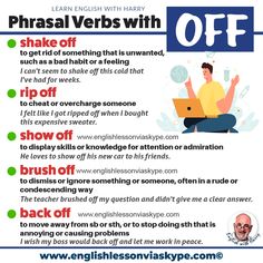 a poster with the words phrasal verbs with off and an image of a man