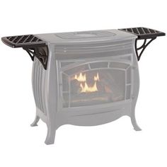 a white stove with two burners on the top and one open flame in the middle