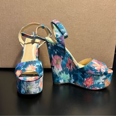 Nwot Guess Taraji Watercolor Floral Wedge Sandal Size 7.5 Textile And Synthetic Upper Adjustable Buckle Closure Open Round Toe Blue High Heel Wedge Sandals For Summer, Blue Ankle Strap Wedge Sandals For Spring, Blue Closed Toe Wedge Sandals For Summer, Blue Closed-toe Wedge Sandals For Summer, Multicolor High Heel Wedge Sandals For Spring, Blue Open Toe Summer Heels, Multicolor High Heel Wedge Sandals For Summer, Blue Sandals With 4-inch Heel For Summer, Summer Wedge Sandals, Multicolor High Heel