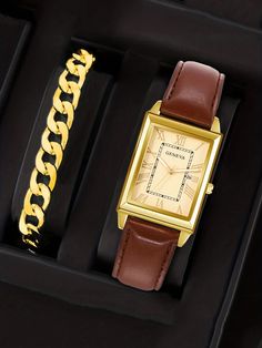 1pc Gold Men Luxury Calendar Quartz Watch + 1pc Fashionable Bracelet, Men Business Casual Brown Leather Watch  Casual,Business   PU Leather  Watch Set   Men Watches, size features are:Bust: ,Length: ,Sleeve Length: Men Business Casual, Brown Leather Watch, Mens Watches Leather, Bracelet Men, Casual Watches, Business Casual Men, Leather Watch Bands, Black Faux Leather, Quartz Watch